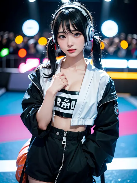 40-year-old Japanese woman、Black Hair、Hair is very short、Twin tails、Hatsune Miku Costume、Headphones、Flat Chest、Realistic photos、...