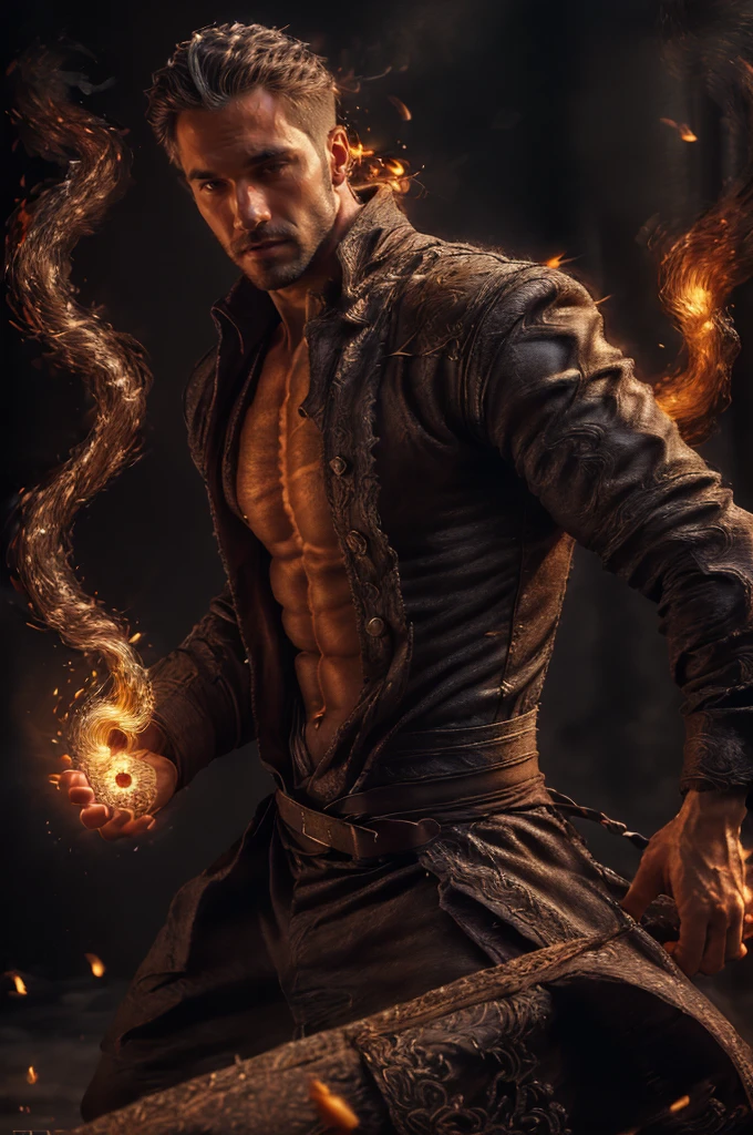 realist, ((masterpiece)), ((Best Quality)), (detailed), cinematographic, dynamic lighting, soft shadow, detailed background, Professional photography, depth of field, Intricate, detailed face, subsurface dispersion, realist hair, realist eyes, muscular, manly, Photo of a handsome man, pyromancer,