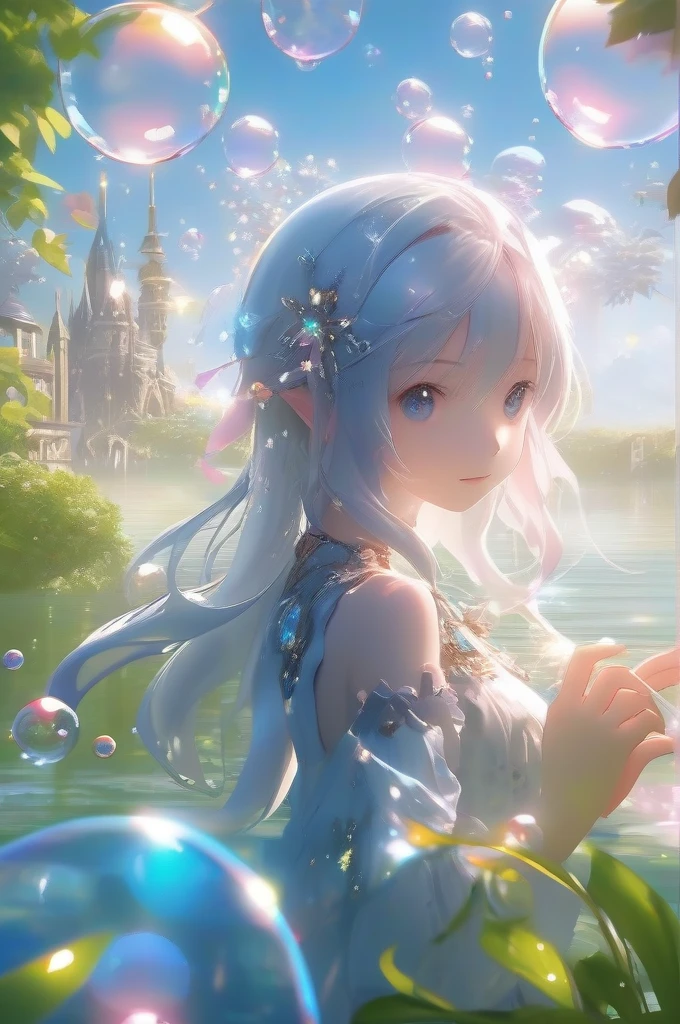 masterpiece,extremely Highest quality, Official Art, CG 8k wallpaper, (Fantasy Style:1.1),
(Animated Screenshots, magic, Stretch Girls, Many reflective bubbles floating in the air、Floating on reflective foam:1),
look up, Light Particles, Very detailed, Best lighting, Pixiv, Depth of written boundary, (Beautiful Face), Fine water surface, Very detailed, (very beautiful), (Highest quality)