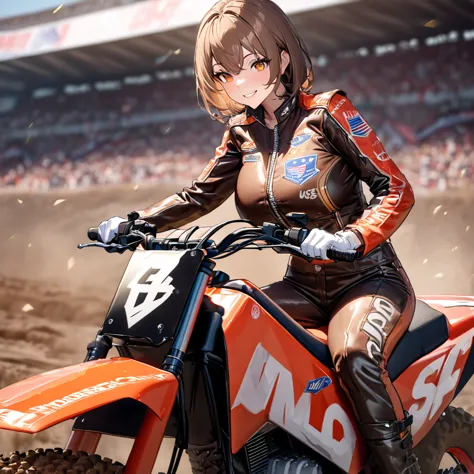 a woman wearing a leather motocross uniform, brown uniform with black details, wearing a motocross helmet, orange eyes, brown ha...