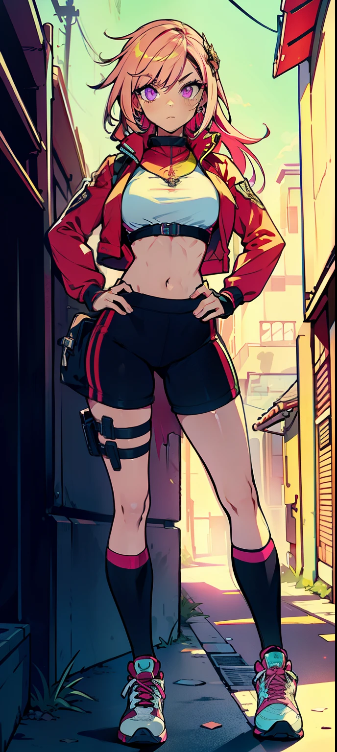 (masterpiece, best quality, 1girl, solo, intricate details, chromatic aberration), realistic, ((medium breath)),long hair, pink hair, red head ornament, pink highlights, hair over one eye,purple eyes, earrings, sharp eyes, choker, neon shirt, open jacket, crop top, (symmetry eyes),(perfect symmetrical body),against wall, brick wall, graffiti, dim lighting, alley ,look at viewer, woman at a gym, cute, front Pose, fitness girl, standing, erect Pose, symetrical, fitness model, skinny, Red sneakers, best qualityer, relaxed arms, hands down, ankle, fullbody view, stand straight with your back upright. Keep your shoulders back and maintain a straight line from your head to your feet, symmetrical frontal view, face aligned, 