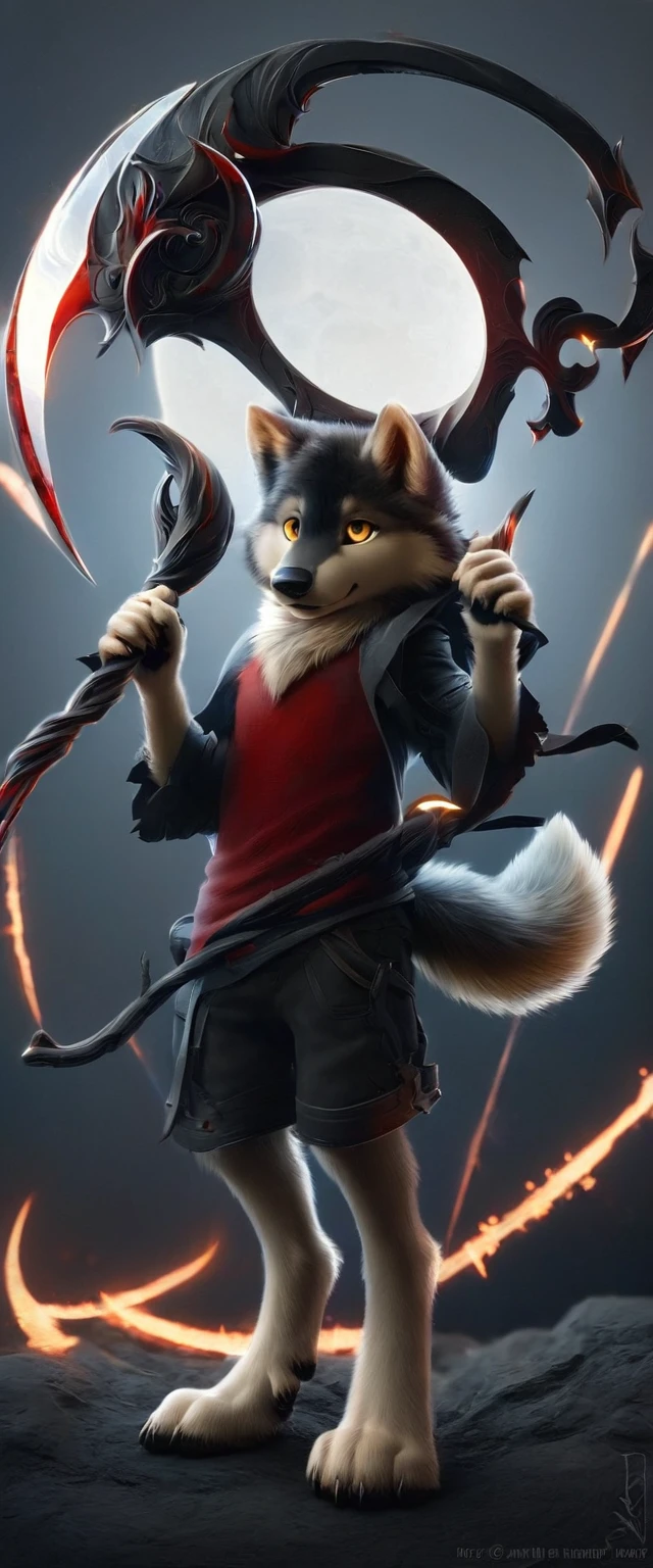 There is a young wolf with fur as dark as the night with golden yellow eyes, he is wearing a white and black coat and a red shirt and blue and black shorts, he is barefoot (showing his paws), he is holding a white and red scythe.