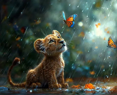 there is a little lion cub sitting in the rain with butterflies flying around, adorable digital painting, beautiful artwork digi...