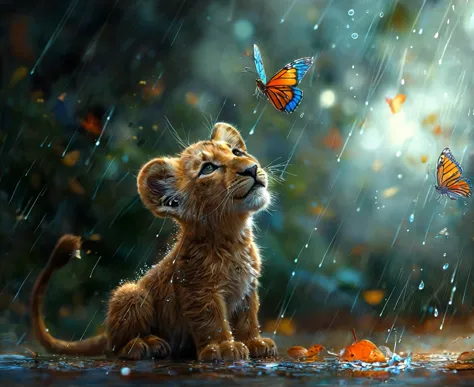 there is a little lion cub sitting in the rain with butterflies flying around, adorable digital painting, beautiful artwork digi...