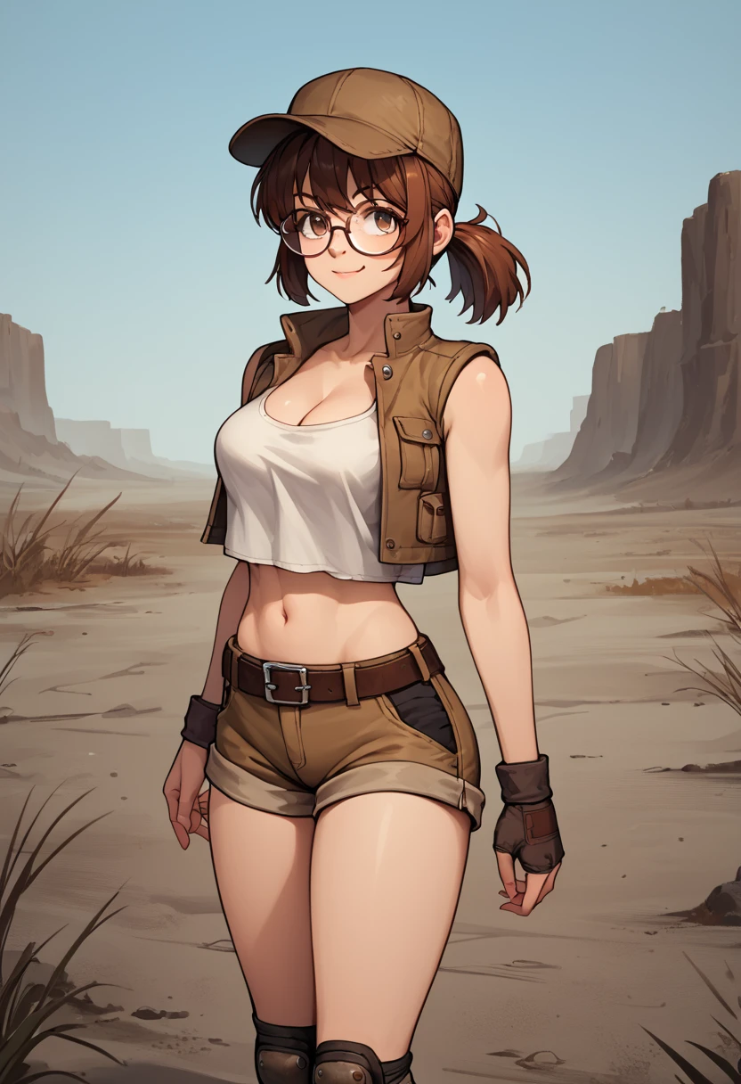 score_9, score_8_up, score_7_up, source_anime, fiogermi,fio germi, brown hair, glasses, medium hair, ponytail, brown eyes, crop top, hat, jacket, knee pads, shorts, sleeveless, navel, belt, outdoors, wasteland, standing , smug , cleavage, looking at viewer, dynamic pose , dutch angle, solo,