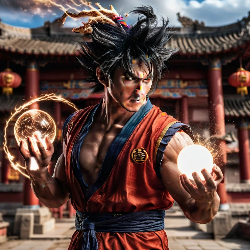 Goku1024 ,  a man dressed in red, casting a powerfull spell, dramatic ball lightning from hands, dragon background, ancient chinese temple, highly detailed, photography, ultra sharp, film, bokeh, professional, 64k  