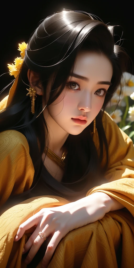 (masterpiece, best quality, hires, high resolution:1.2), (extremely detailed, intricate details, highres), ((realistic)), vivi color, 3d, cg, nsfw, woman, japanese, kimono, (open_shirt, unbuttoned, black_hair, blunt_bangs, extremely long and straight_hair, monolid), (brutalist style:1.6), heavy steampunk armor, confident, muscular, abs, shiny_skin, light_skin, (nice hands,nice fingers), better_hands, science fiction, (cinematic lighting, volumetric), looking at viewer, eye-level shot, (close_up:1.1), film grain, (atompunkstylesd15:1.0), seductive_pose, golden kimono, chrysanthemum floral décoration, forest, (foreboding background:1.4)