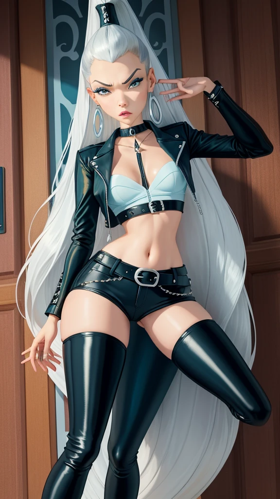 ​masterpiece, best quality, Ultra-detail, Illustration, 1 girl, icywinx, alone, very long hair, black open leather jacket, Jeans, belt, Earrings, navel, Fantasies, leather boots, spread legs, hochnäsiger Blick, closed mouth, Fantasies worlds, Komposition,  