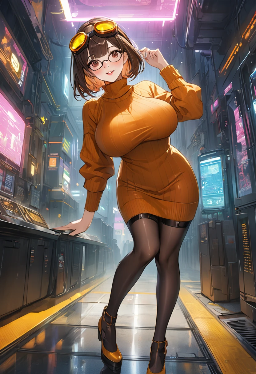 masterpiece,best quality, highly detailed, score_9, score_8_up, score_7_up, score_6_up,source anime,BREAK
 velma,1girl, glasses, solo, breasts, brown hair, latex black, brown eyes, short hair, freckles, (( huge large breasts)), lips, smile, turtleneck sweater, orange sweater, looking at viewer, bangs, parted lips, ((glowing cyberpunk goggles)), full body 