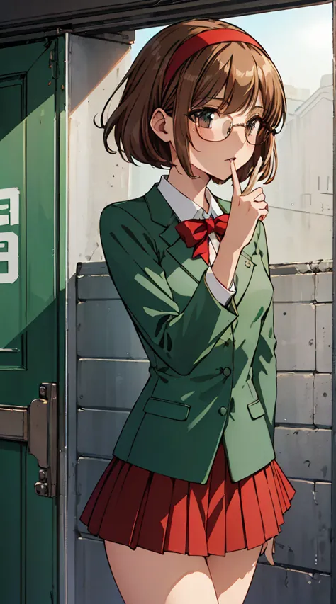 phoenix temple fuu,one girl,short hair,light brown hair,glasses,((red hairband)),green blazer,mini skirt,masterpiece,noise reduc...