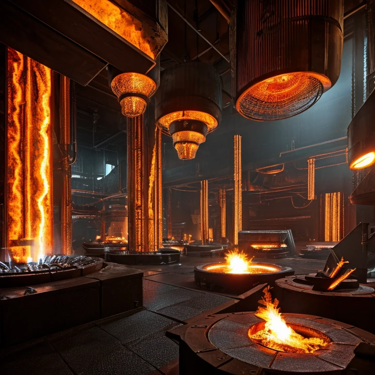 The Volcarra City Gym is designed to resemble a massive forge, with blazing furnaces, molten metal, and an industrial aesthetic. The gym is filled with various metalworking equipment, including anvils, hammers, and smelting pots, giving it the feel of a working forge. The walls are adorned with glowing lava veins, casting a fiery light throughout the gym.