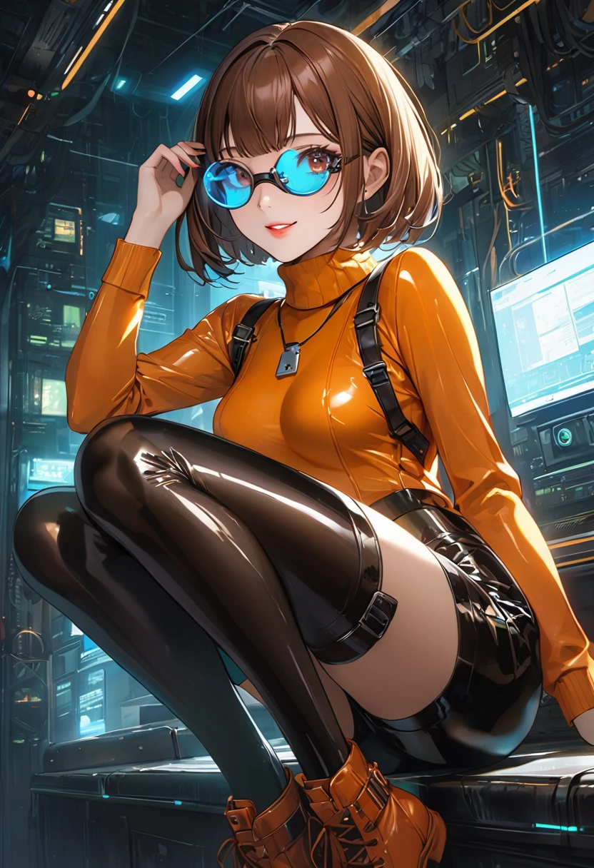 masterpiece,best quality, highly detailed, score_9, score_8_up, score_7_up, score_6_up,source anime,BREAK
 velma,1girl, glasses, solo, breasts, brown hair, latex black, brown eyes, short hair, freckles, ((med breasts)), lips, smile, turtleneck sweater, orange sweater, looking at viewer, bangs, parted lips, ((glowing cyberpunk goggles)), full body 