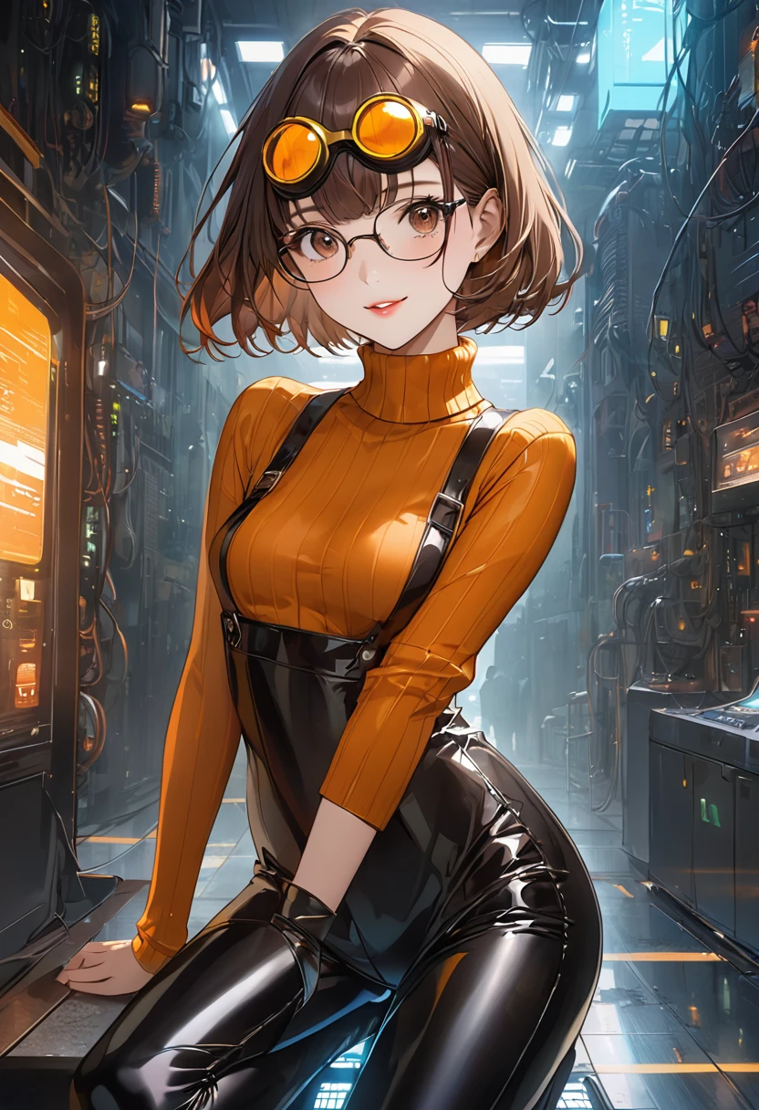 masterpiece,best quality, highly detailed, score_9, score_8_up, score_7_up, score_6_up,source anime,BREAK
 velma,1girl, glasses, solo, breasts, brown hair, latex black, brown eyes, short hair, freckles, ((med breasts)), lips, smile, turtleneck sweater, orange sweater, looking at viewer, bangs, parted lips, ((glowing cyberpunk goggles)), full body 