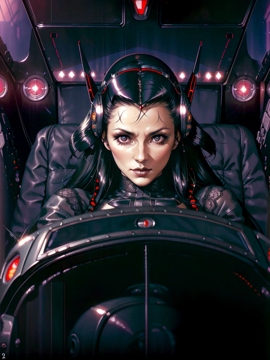 (((gothic vampire piloting) in gothic spacecraft)), (((retro anime))), ((from below)), ((120 fov)), ((((gothic)) control panels)), (((mature))), (((gothic))), (iridescent) bodysuit, ((((lace accessories)))), ((pilot seat)), ((((lying back)) pose)), (((elegant))), (((serious tone))), ((cockpit top control panel)), intricate control panel details, close-up, 1990s (style), masterpiece, ((claustrophobic)), best quality, screens, ((pilot helmet)), night, ((low key light)), (colorful cockpit lights), sparkles, (dramatic lighting), sweat, [blushing], [[pointy ears]], (dark background)