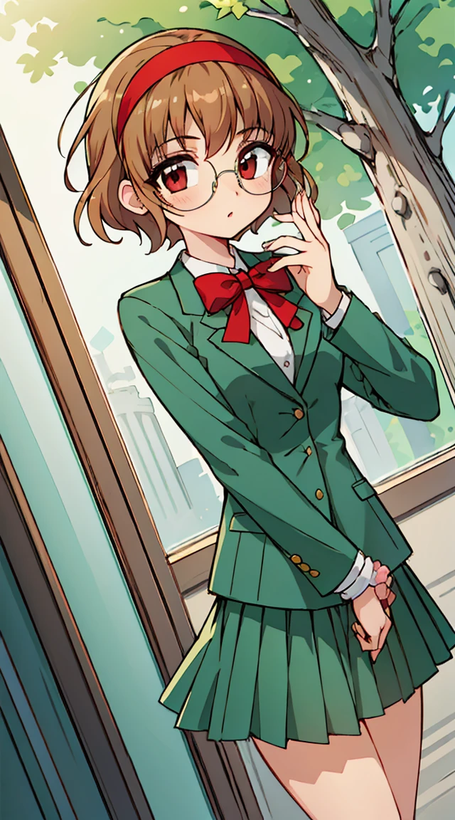 Phoenix Temple Fuu,One girl,short hair,Light brown hair,Glasses,((Red Hairband)),Green blazer,mini skirt,masterpiece,Noise Reduction,Perfect Anatomy,High resolution, Very detailed,Game CG,Dutch Angle ,Beautiful attention to detail,Visual Arts,Five Fingers, Perfect hands, Perfect lighting,