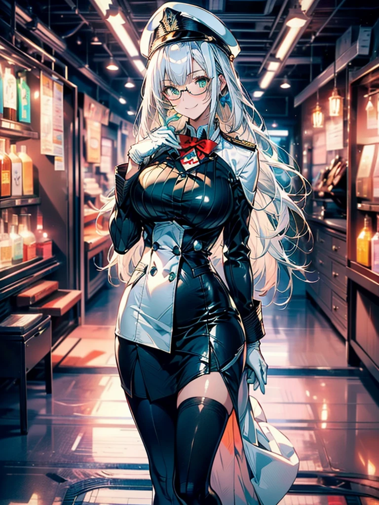 masterpiece, best quality, mature woman, white hair with green color inner, green eyes color, blue and white military uniform, mature_female, eyes glasses , white gloves, anime, blue military hat, very_long_hair, perfect body, commander, science_fiction, black knee-high boots, white skirt, cowboy_shot , large_breasts, ultra-detailed, high quality, british military dress uniform, sci-fi, dark blue Trench Coat, 1girl, 4k, military base ,perfect hands, full body, great details, beautiful anime illustrations, 26 years old, red ribbon bow tie, white stockings, (((correct anatomy:1.5))), ((perfect hand:1.5, Ideal body proportions:1.37)), Good realistic skin:1.1, look at the audience:1.3, (Dynamic angle:1.3, Focus Target:1.3), (Many poses:0.0), (charming, Smile sexy too.:1.4), The picture in the middle:0.2, ((milf:1.5, alone:1.5))