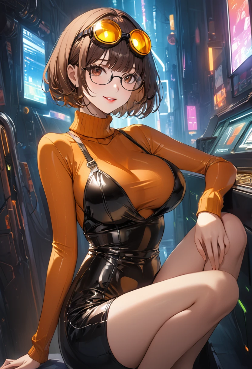 masterpiece,best quality, highly detailed, score_9, score_8_up, score_7_up, score_6_up,source anime,BREAK
 velma,1girl, glasses, solo, breasts, brown hair, latex black, brown eyes, short hair, freckle (( big breasts) with show tits hard ))), lips, smile, turtleneck sweater, orange sweater, looking at viewer, bangs, parted lips, ((glowing cyberpunk goggles)), full body 