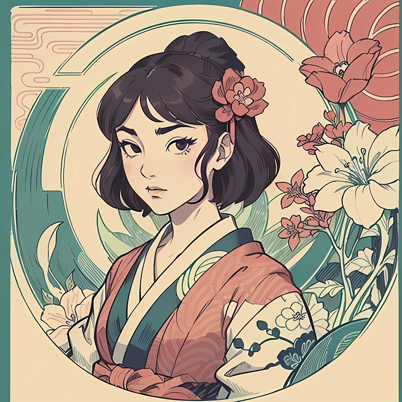 (masterpiece, top quality, best, official art, beautiful and aesthetic:1.2), 1girl, (pop art:1.4), (zentangle, flower effects:1.2), (art nouveau:1.1),((ukiyo-e))