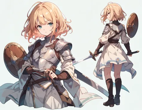 full body, 1 boy, femboy , a young adventurer, medium hair, light armor, one-handed sword, round shield, highly detailed, intric...