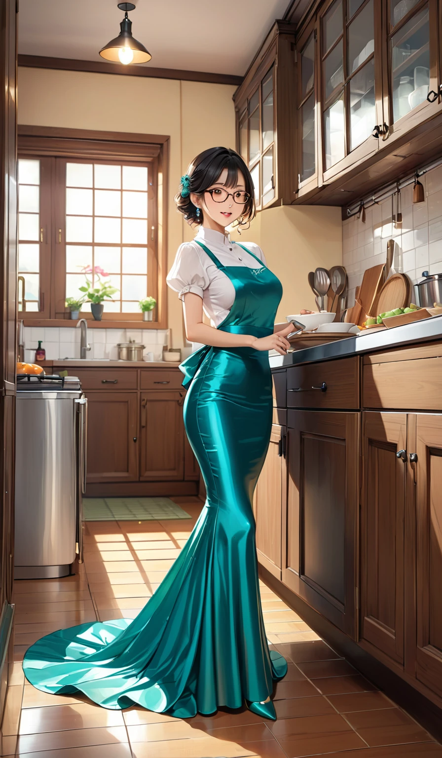 (masterpiece,highest quality,超A high resolution),japanaese girl with short hair (((Very beautiful 35 year old girl))), pretty house wife woman, a woman in the mermaid long train skirt,the skirt is very long, full body, wear apron, wear glasses,long satin, flowy dramatic long skirt,body height 165, coocking in kitchen, wear high heels,  masterpice  (Shiny long train dress mermaid-style long skirt )