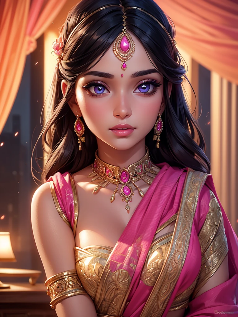 a gorgeous young woman in a pink saree, beautiful detailed eyes, beautiful detailed lips, extremely detailed face, longeyelashes, intricate saree design, flowing fabric, warm lighting, glowing skin, photorealistic, 8k, high quality, detailed, vivid colors, elegant, serene, portrait