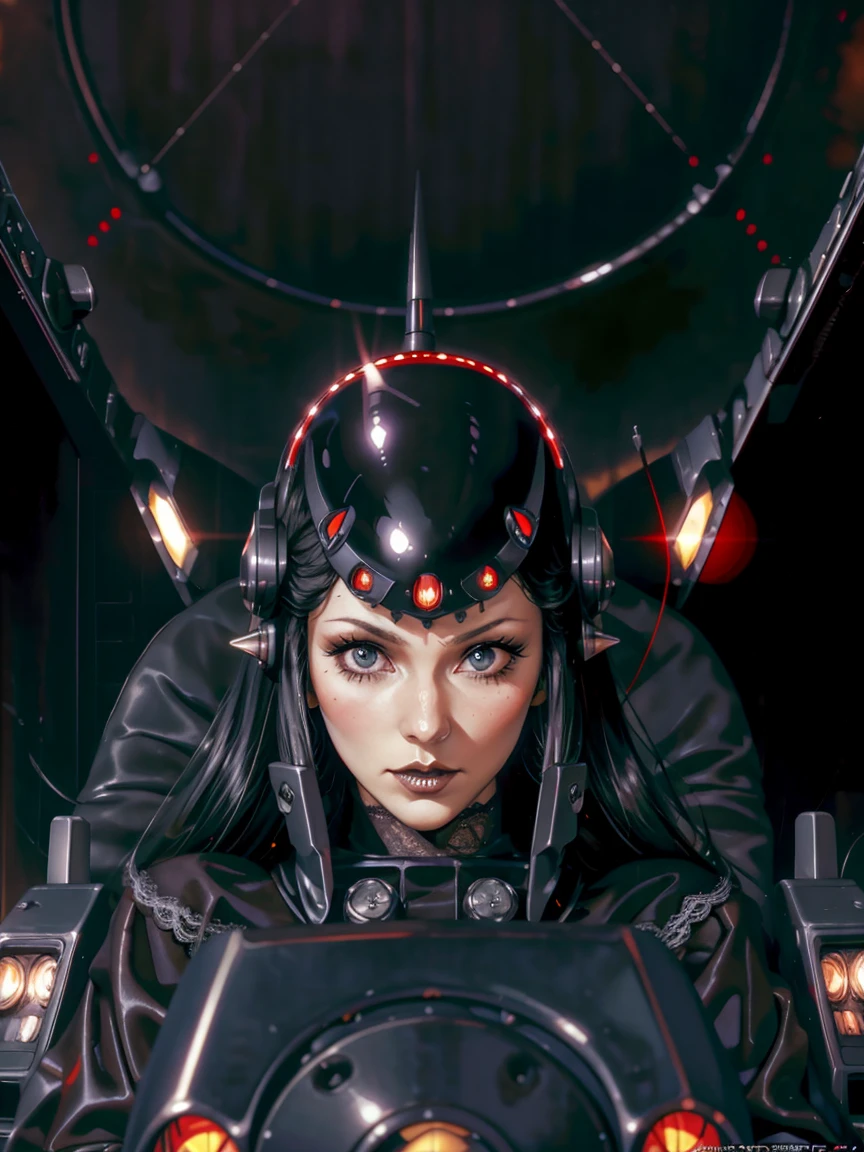 (((gothic vampire piloting) in gothic spacecraft)), (((retro anime))), ((from below)), ((120 fov)), ((((gothic)) control panels)), (((mature))), (((gothic))), (iridescent) bodysuit, ((((lace accessories)))), ((pilot seat)), ((((lying back)) pose)), (((elegant))), (((serious tone))), ((cockpit top control panel)), intricate control panel details, close-up, 1990s (style), masterpiece, ((claustrophobic)), best quality, screens, ((pilot helmet)), night, ((low key light)), (colorful cockpit lights), sparkles, (dramatic lighting), sweat, [blushing], [[pointy ears]], (dark background)