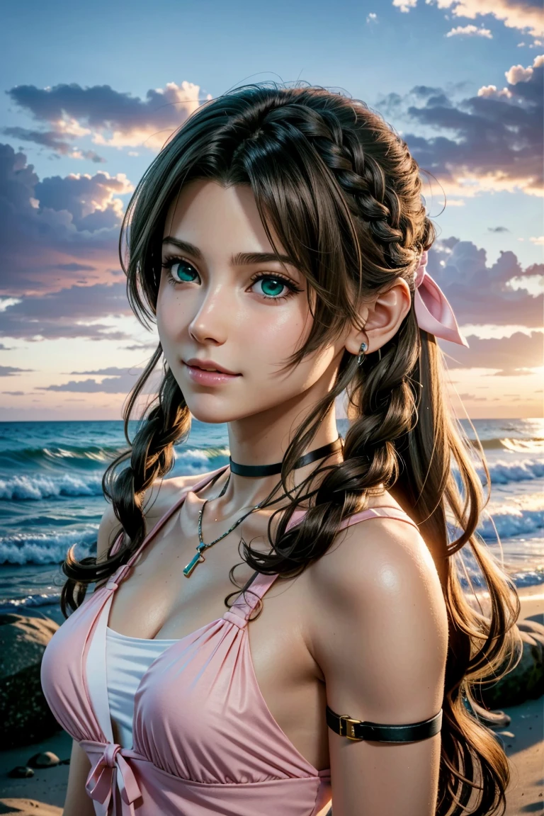 
aerith,FF7, lange Haare, bangs, braune Haare, Bogen, Schleife, Schmuck, grüne Augen,  hair ピンクSchleife, Flechten, hair Bogen, Seitliches Schloss, HALSBAND, Halskette, Lippen, geteilter Pony, pink Bogen, Porträtmalerei, realistisch,Super gute Qualität,gute Qualität,Meisterwerk,Digital SLR,ausführliche Erklärung,Erlesene Details,Anatomische Grundlagen,detaillierte Beschreibung,Detailliertes Gesicht,realistisch skin texture,scharfe Details,Perfekte Anatomie,Perfekte Anatomie,Anatomisch korrekte Hand,Anatomisch korrekte Finger,Super Detail,Komplexes 3D-Rendering,sexy Pose,Die wunderschöne Welt von Final Fantasy 7,Rosa Rüschen-Badeanzug,Wet,wunderschöner Sonnenuntergang,wunderschöner Sonnenuntergang beach,Traumhafte Strände,Fantasy-Weltbild,malerisch,pinke Lippen,lächeln,Bringen Sie mehr Ausdruck in Ihr Gesicht,