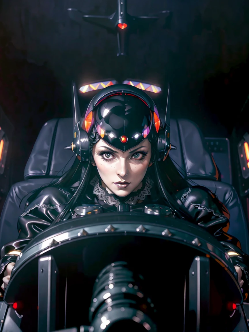 (((gothic vampire piloting) in gothic spacecraft)), (((retro anime))), ((from below)), ((120 fov)), ((((gothic)) control panels)), (((mature))), (((gothic))), (iridescent) bodysuit, ((((lace accessories)))), ((pilot seat)), ((((lying back)) pose)), (((elegant))), (((serious tone))), ((cockpit top control panel)), intricate control panel details, close-up, 1990s (style), masterpiece, ((claustrophobic)), best quality, screens, ((pilot helmet)), night, ((low key light)), (colorful cockpit lights), sparkles, (dramatic lighting), sweat, [blushing], [[pointy ears]], (dark background)