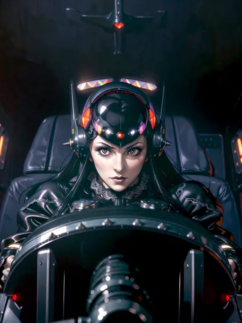 (((gothic vampire piloting) in gothic spacecraft)), (((retro anime))), ((from below)), ((120 fov)), ((((gothic)) control panels)...