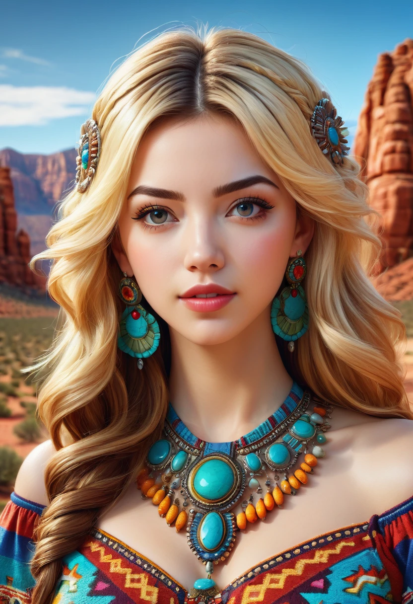 De belles femmes bohèmes fusionnent superbement Masiela Lusha avec une robe colorée de style sud-ouest. oreilles colorées du sud-ouest et. bijoux, cheveux blonds grossiers, nerveux, et bien bouclé. Il a souvent une texture rugueuse, se sent raide au toucher, et peut être sujet aux frisottis et aux enchevêtrements. Les boucles peuvent être denses. L&#39;art officiel – Un chef-d&#39;œuvre numérique primé en 4K Ultra HD, Détails extrêmes et réalisme complexe. visage symétrique. Cet art conceptuel prend vie grâce aux mains d&#39;artistes comme Wlop & Artgerm dans une superbe illustration vectorielle 2D. grand, Guilleret, complet, voluptueux, seins symétriques et sphériques. L&#39;arrière-plan est une belle vue panoramique sur un canyon de roche rouge.
