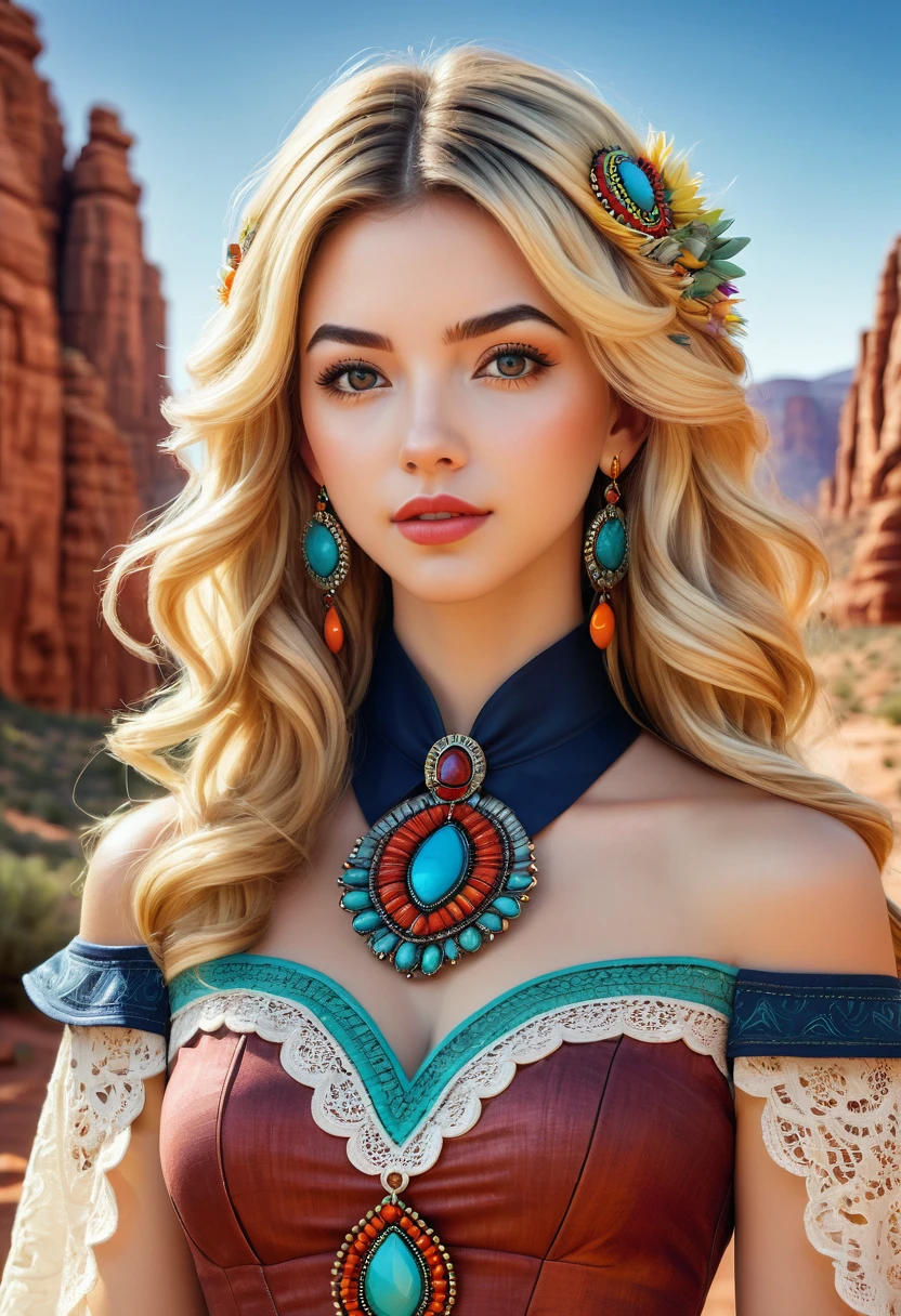 Beautiful boho women stunning merge of Masiela Lusha with colorful southwestern style dress. colorful southwestern earing and. jewelry, blond colored hair that is coarse, wiry, and tightly curled. It often has a rough texture, feels stiff to the touch, and may be prone to frizz and tangling. The curls can be densely packed. The Official Art – An Award-Winning Digital Masterpiece In 4K Ultra HD, Extreme Detail And Intricate Realism. symmetrical face. This Concept Art Brought To Life By The Hands Of Artists Like Wlop & Artgerm In A Stunning 2D Vector Illustration. large, perky, full, vuluptious, symmetrical and spherical breasts. Background is a beautiful panoramic vista of a red rock canyon.
