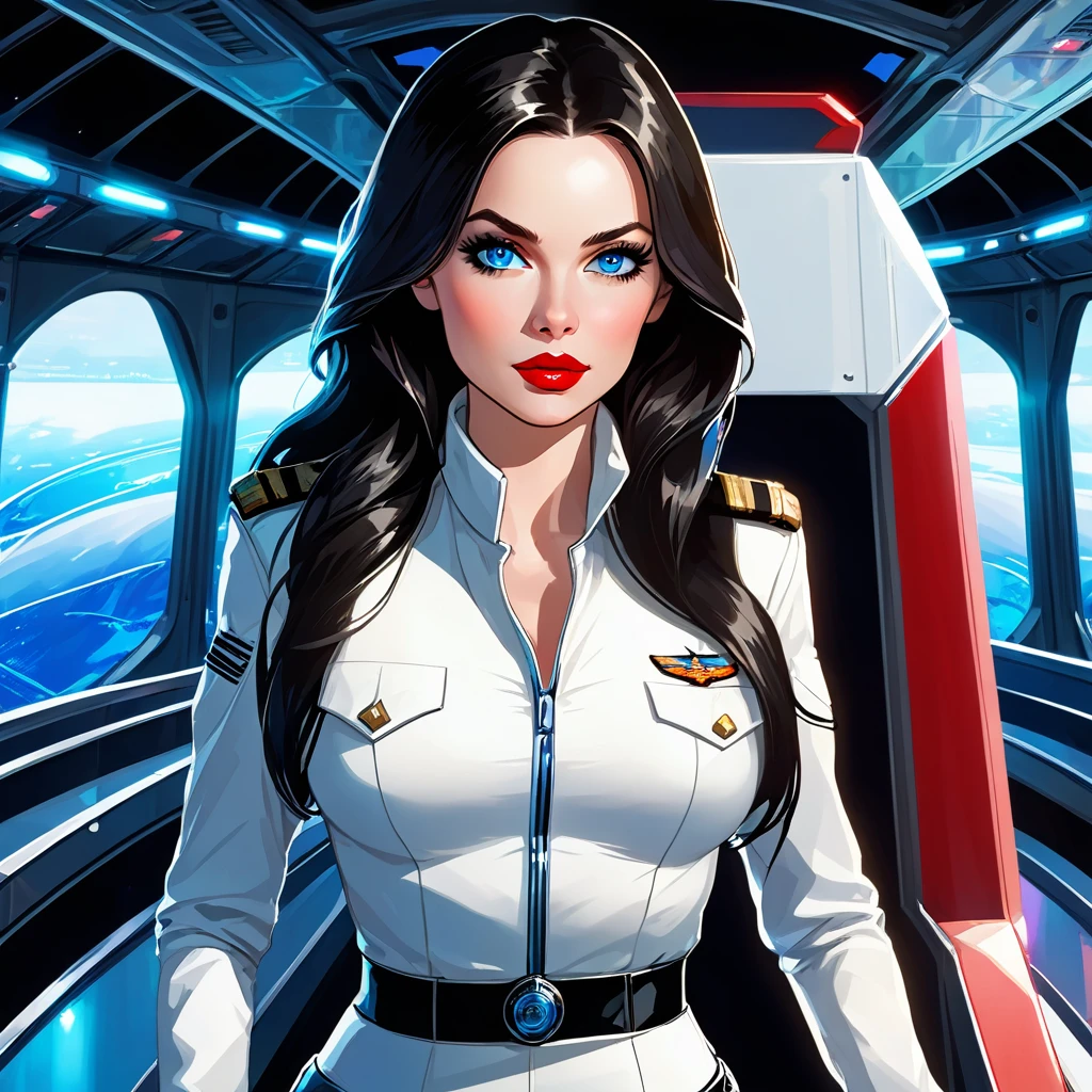 (Haute définition) visage défini, hologramme d'une belle femme, gros buste, croiser les bras, longs cheveux noirs et yeux bleus, lèvres rouge pâle, vêtue d'une tenue sexy serrée d'officier militaire blanche avec une mini-jupe, debout au milieu du pont d'un vaisseau spatial.