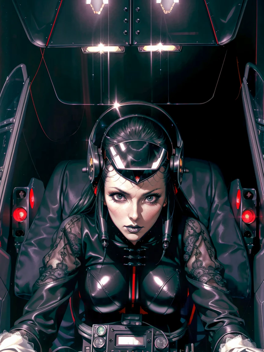 (((gothic vampire piloting) in gothic spacecraft)), (((retro anime))), (((from below))), (((120 fov))), ((((gothic)) control panels)), (((mature))), (((gothic))), (iridescent) bodysuit, ((((lace accessories)))), ((pilot seat)), ((((lying back)) pose)), (((elegant))), (((serious tone))), ((cockpit top control panel)), intricate control panel details, close-up, 1990s (style), masterpiece, ((claustrophobic)), best quality, screens, ((pilot helmet)), night, ((low key light)), (colorful cockpit lights), sparkles, (dramatic lighting), sweat, [blushing], [[pointy ears]], (dark background)