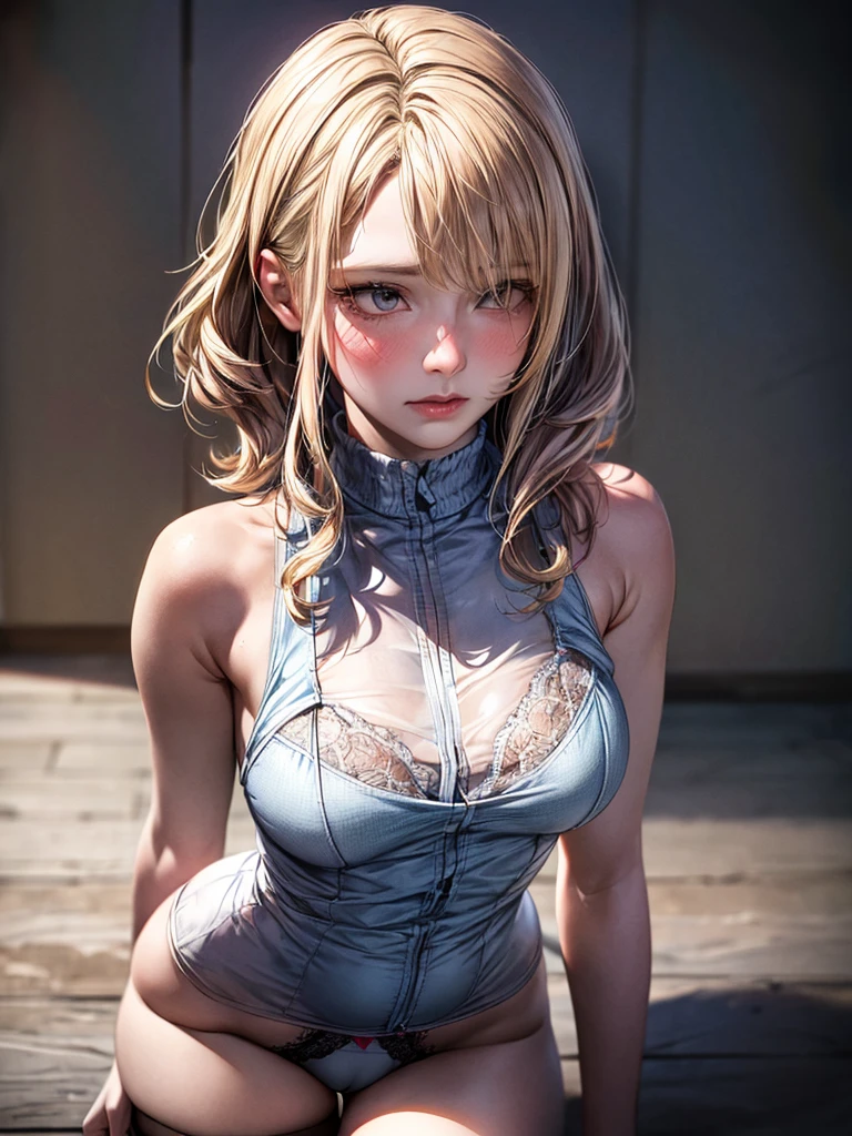 unparalleled masterpiece, ultra realistic 8k CG,masterpiece,pov,(delicate photograph,ultra_detailed,16k,raw photo:1.3),(realistic:1.9,photorealistic:1.9), beautiful detailed eyes,1 girl,(zettai_ryoiki,cameltoe),blonde wavy hair, slender body, precious hair ornament, e-cup chests,little vest,mini panties