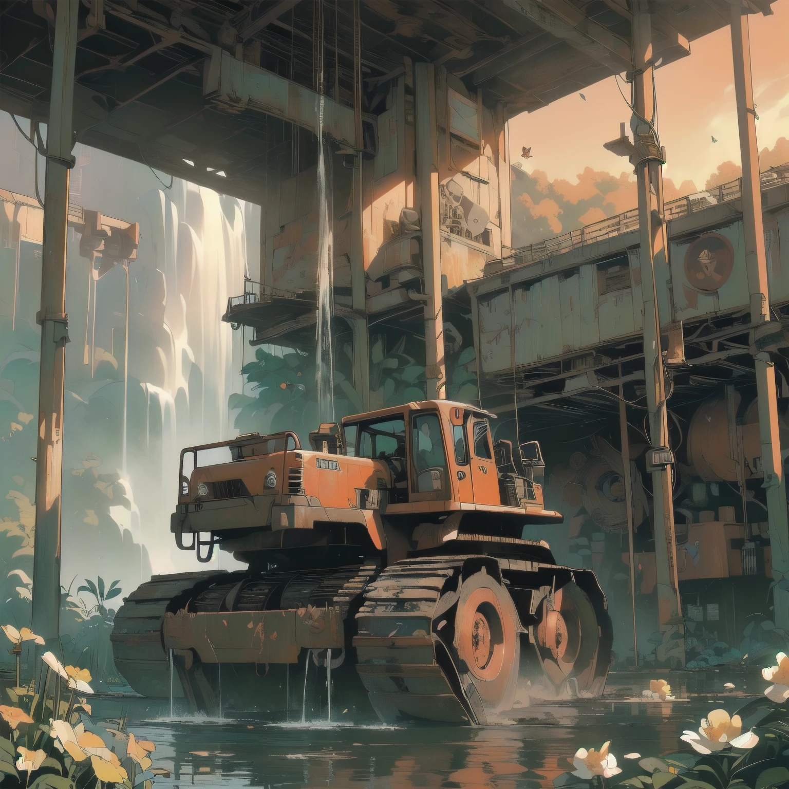 (((masterpiece, Highest quality)))、(((32K Wallpapers)))、Detailed Machinery、Abandoned Factory、Atrium、(((White Flower Field)))、(((Rusty heavy equipment)))、Gorgeous light leaks、(((fog)))、Detailed Background、Highest quality、(((No humans)))、Collapsed heavy machinery、Complex heavy machinery、Faint lighting、sunset、(((Very dull color)))、(((詳細なRusty heavy equipment)))、(((Many white flowers fall)))、(((花で覆われたRusty heavy equipment)))、(((Lots of butterflies)))、(((Abandoned garage)))、(((Submersion)))、(((Waterfall from the ceiling)))、(((Waterfall falls on heavy machinery))))、(((Red sunset)))、(((Detailed waterfall and water)))、(((Heavy machinery close-up)))