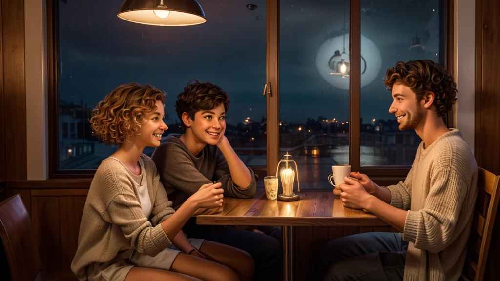 Illustrate a cozy cafe interior at night, with rain softly tapping on the window. Inside, two friends, Anna and Lucas, sit at a wooden table. Anna, a young woman with curly hair and curious eyes, gestures animatedly. Lucas, a young man with short hair and a confident smile, listens intently. The warm glow of hanging lamps creates a comforting atmosphere, contrasting with the sense of impending adventure in their expressions.