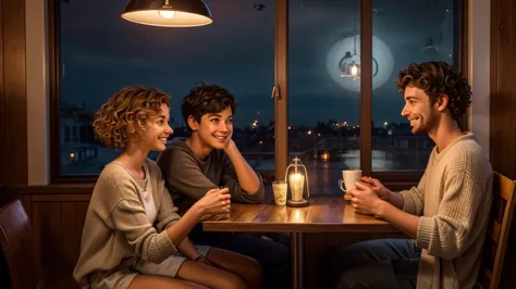 Illustrate a cozy cafe interior at night, with rain softly tapping on the window. Inside, two friends, Anna and Lucas, sit at a ...