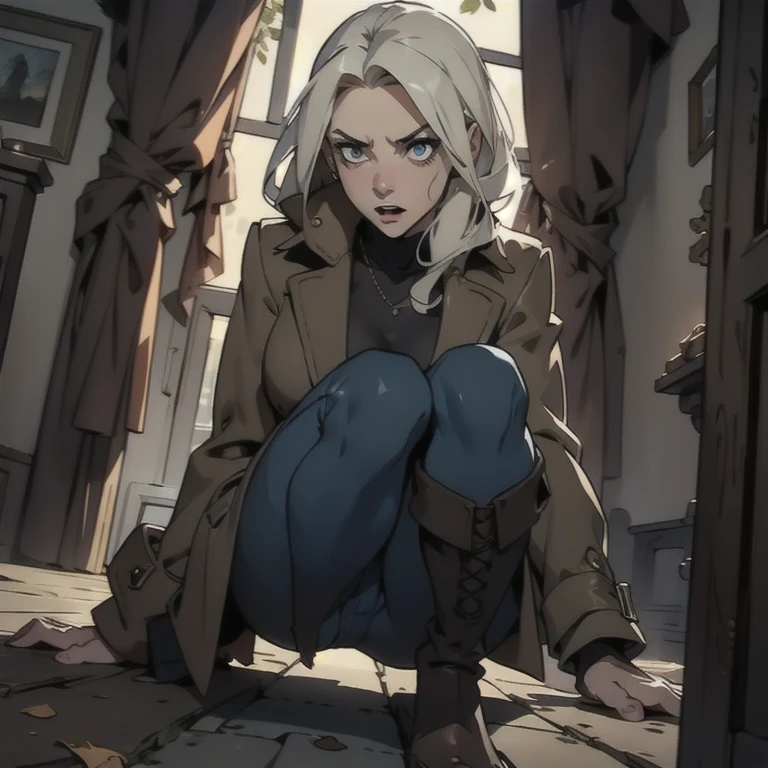 (suspense dinner ((conceptual artwork)), extremely detailed with a girl wearing jeans with a brown coat and boots), (better lighting, best shade, extremely delicate and scary), (digital illustration), ((4k pintura)), [(dynamic angle,((1 girl)),White hair, (beautiful  face, face perfect, scared,) Expression of fear, torn garments, a gun in hand, sitting on the floor, tenebrosaness, scary house),  [:(tenebrosa, uncanny, game painting, sinister scenario, uneven corridors, Big house, deadly silence):]