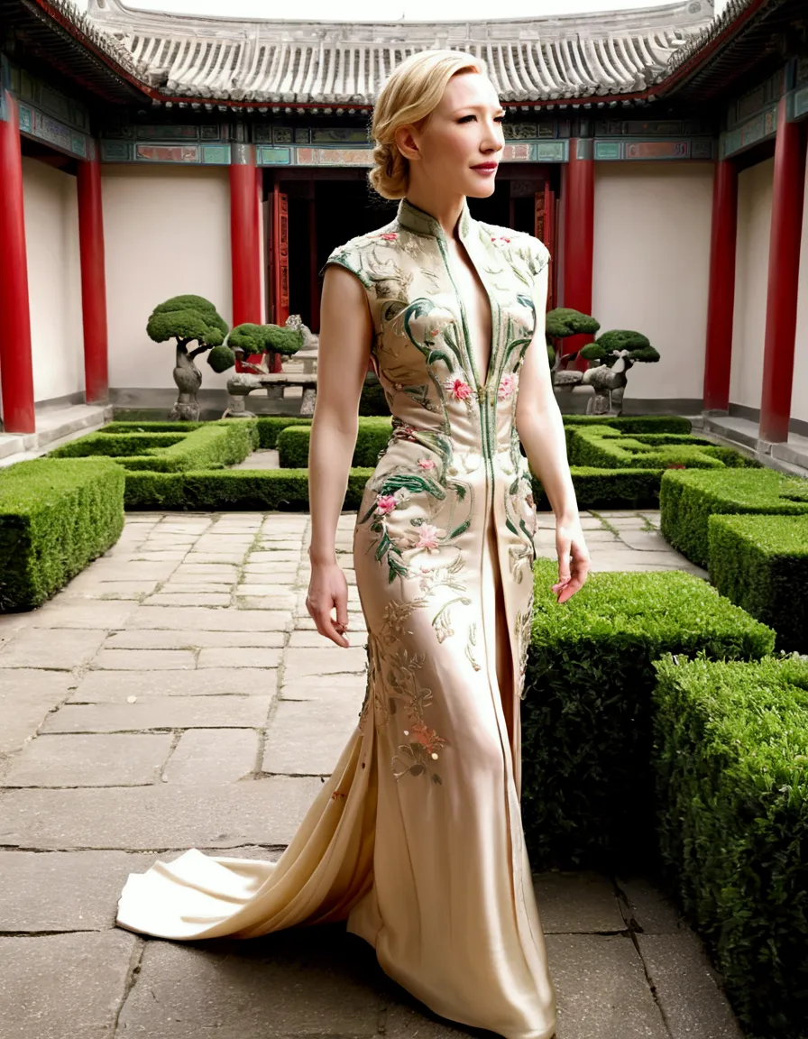 1 woman (cate blanchett, age 25, intricate silk chinese dress with lots of embroidery sheer with several large slits, no underwe...