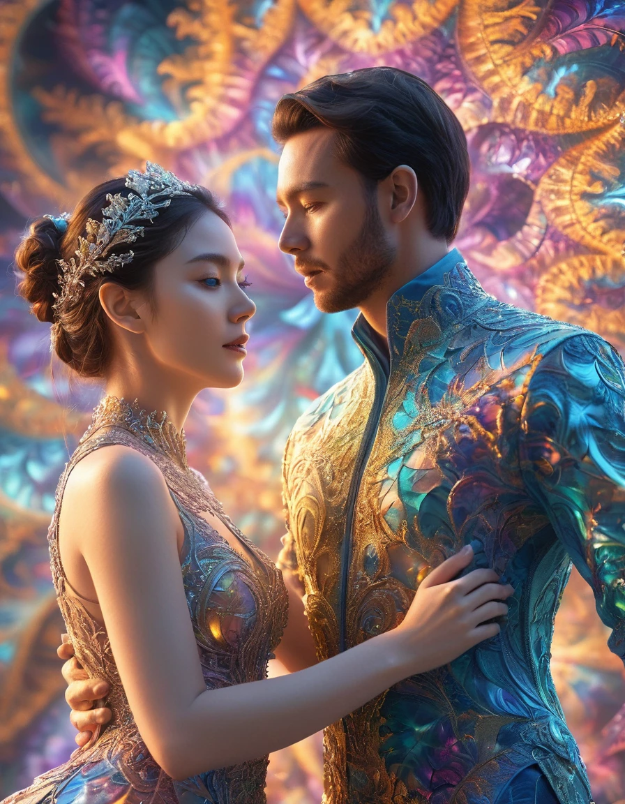 a glowing fractal couple, 1girl and 1man, intricate bling bling details, motion blurred, highly detailed, dynamic composition, professional illustration, cinematic lighting, vibrant colors, photorealistic, 8k, (best quality:1.2), (realistic:1.37)