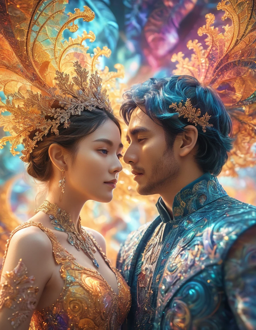 a glowing fractal couple, 1girl and 1man, intricate bling bling details, motion blurred, highly detailed, dynamic composition, professional illustration, cinematic lighting, vibrant colors, photorealistic, 8k, (best quality:1.2), (realistic:1.37)