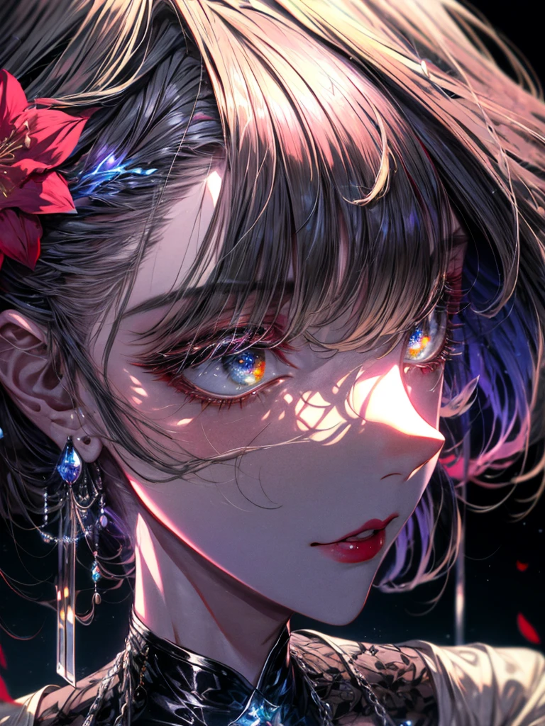 WLOP detailed beautiful face and eyes, rouge at the outer corner of the eye, lipstick, eyeshadow, long hair, glowing flowers creeping up neck, ear piercing with chain, collarbone, close shot, oil painting