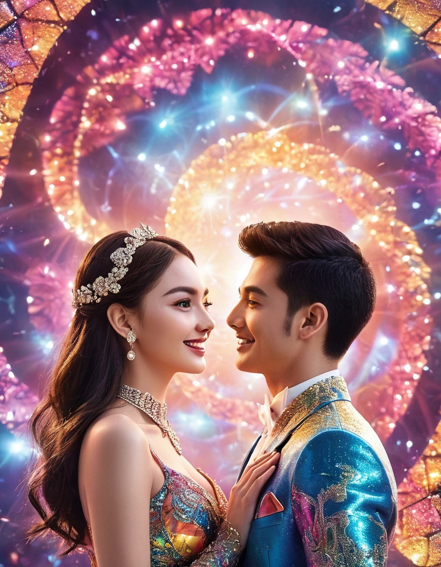 a glowing fractal couple, 1girl and 1man, smiling at me, intricate bling bling details, motion blurred, highly detailed, dynamic composition, professional illustration, cinematic lighting, vibrant colors, photorealistic, 8k, (best quality:1.2), (realistic:1.37)