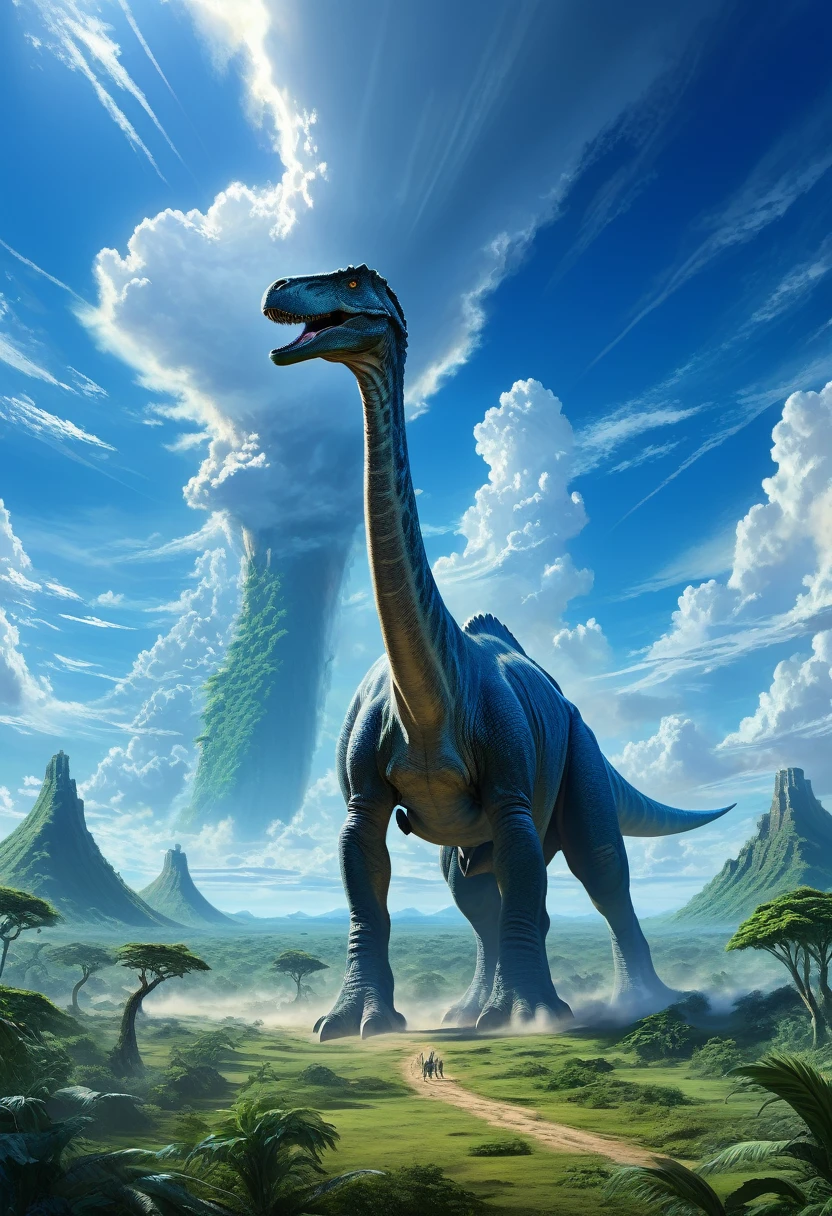 An epic, ultra detailed digital painting of towering dinosaurs, akin to Brachiosauruses, with necks stretching far beyond typical proportions, almost merging with low-hanging clouds in the ultramarine sky, shadows and sunbeams washing over their immense bodies in fascinating play of natural light, set in a panoramic view of a lush prehistoric landscape, dinosaurs, extra-long necks, surreal proportions, cloud