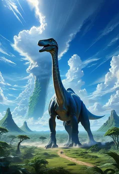 an epic, ultra detailed digital painting of towering dinosaurs, akin to brachiosauruses, with necks stretching far beyond typica...