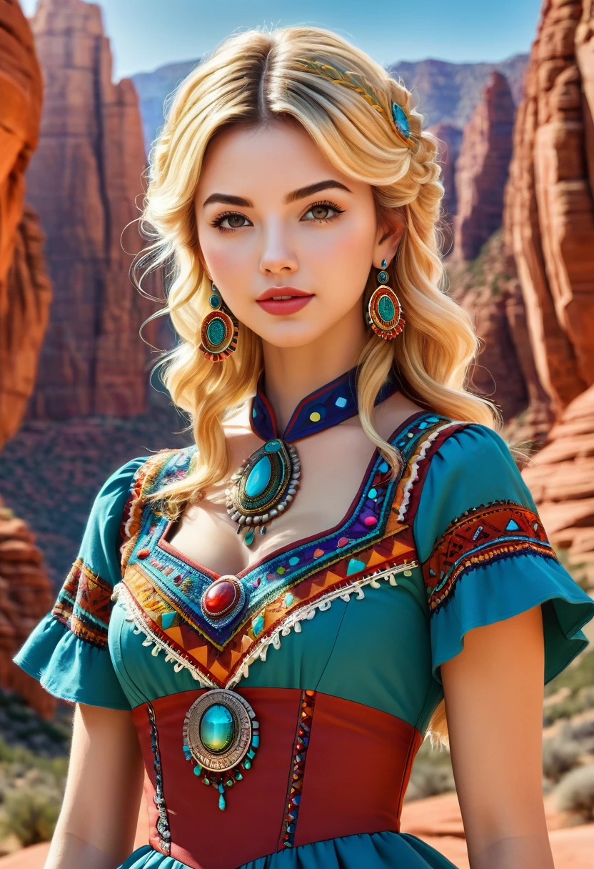 De belles femmes bohèmes fusionnent superbement Masiela Lusha avec une robe colorée de style sud-ouest. oreilles colorées du sud-ouest et. bijoux, cheveux blonds grossiers, nerveux, et bien bouclé. Il a souvent une texture rugueuse, se sent raide au toucher, et peut être sujet aux frisottis et aux enchevêtrements. Les boucles peuvent être denses. L&#39;art officiel – Un chef-d&#39;œuvre numérique primé en 4K Ultra HD, Détails extrêmes et réalisme complexe. visage symétrique. Cet art conceptuel prend vie grâce aux mains d&#39;artistes comme Wlop & Artgerm dans une superbe illustration vectorielle 2D. grand, Guilleret, complet, voluptueux, seins symétriques et sphériques. L&#39;arrière-plan est une belle vue panoramique sur un canyon de roche rouge.
