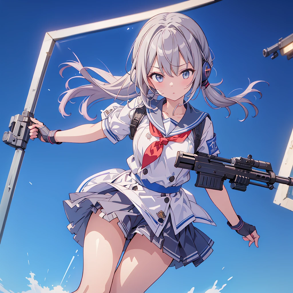 1girl、(((Highest quality、Masterpiece、Official Art、The best dynamic composition、Super detailed)))、Sniper high school girl、Black Sailor Suit、Anime Style、Creative outfits、、Unique and original hairstyle、 holding_gun、QBU10,体を伏せてgunをかまえサイトを覗きこんでいる、To the audience、White Background, Holding, Holding 武器, gun, Holding gun, Armband, rifle, Grey Skirt, headset, assault rifle, grey gloves, 