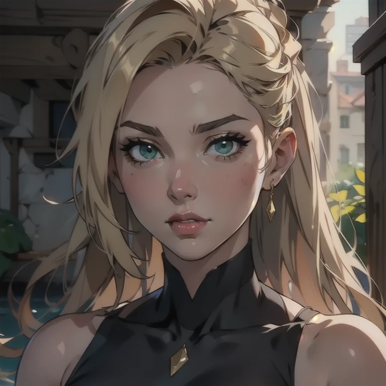 woman blonde hair green eyes and pink lipstick and a black top, realistic art style, retrato de rossdraws, artgerm portrait, Realistic anime art style, realistic 4k digital art, realistic 4k digital art, Bokeh Artgerm 8K, DeviantArt Artstation CGScosiety, 极其详细的Artgerm, made with anime painter studio, RossDraw digital painting