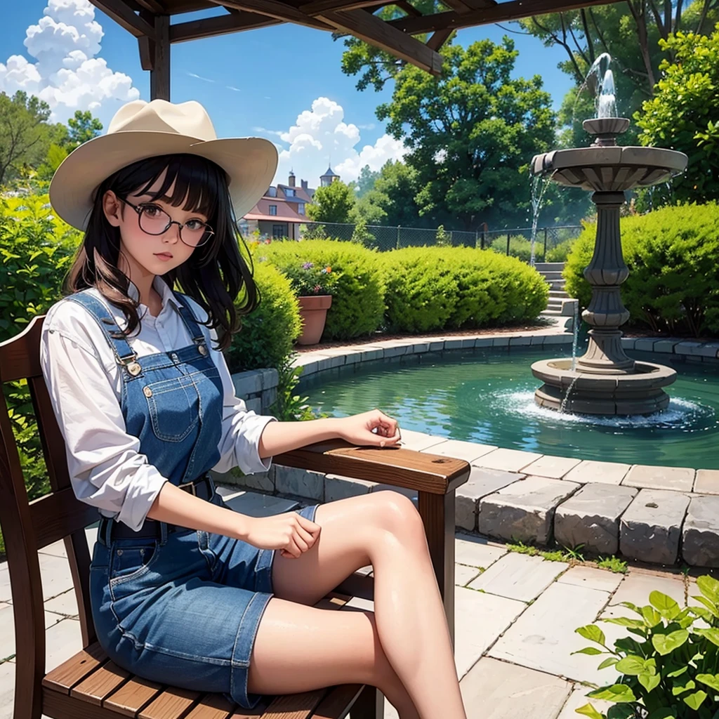 of the highest quality，masterpiece，of the highest quality，(Popart style),flat color，funny, honor student, 10 years，Glasses，short length，Curly hair, Brown hait，belt, cowboy hat, blunt bangs，thick eyebrows，Girl wearing an overall short、sitting on a chair with a cute round-eyed catoccasion，barefoot, The garden fountain is next door....， distant houses.sharp,An illustration：Don&#39;t read,