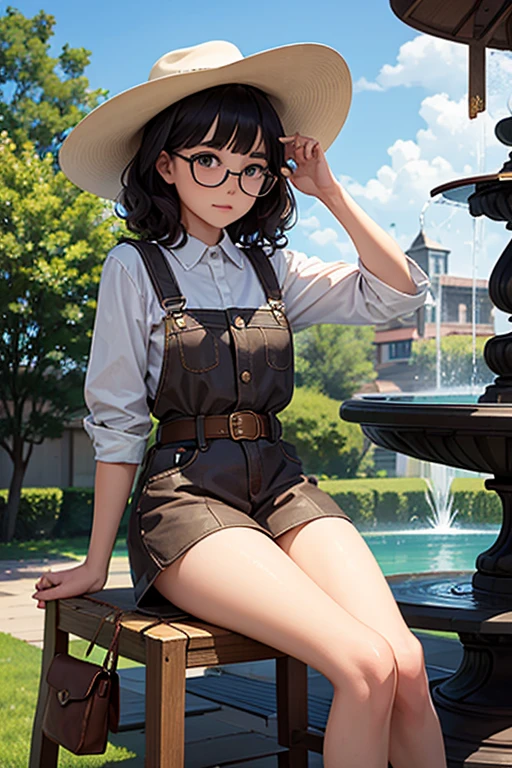 of the highest quality，masterpiece，of the highest quality，(Popart style),flat color，funny, honor student, 10 years，Glasses，short length，Curly hair, Brown hait，belt, cowboy hat, blunt bangs，thick eyebrows，Girl wearing an overall short、sitting on a chair with a cute round-eyed catoccasion，barefoot, The garden fountain is next door....， distant houses.sharp,An illustration：Don&#39;t read,